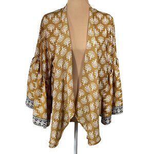 Elan Kimono Cardigan Satin Mustard Cream Bell Sleeve One Size